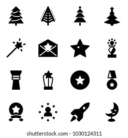 Solid vector icon set - christmas tree vector, Magic wand, star letter, award, medal, man, rocket, moon lamp