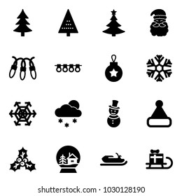 Solid vector icon set - christmas tree vector, santa claus, garland, ball, snowflake, snowfall, snowman, hat, holly, snowball house, snowmobile, sleigh gift
