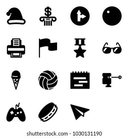 Solid vector icon set - christmas hat vector, bank, only forward right road sign, record, printer, flag, star medal, sunglasses, ice cream, volleyball, terms plan, laser lever, joystick, tambourine