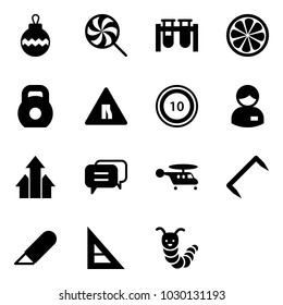Solid vector icon set - christmas ball vector, lollipop, vial, lemon slice, weight, Road narrows sign, speed limit 10, manager, arrows up, dialog, helicopter, staple, work knife, corner ruler