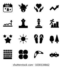 Solid vector icon set - christmas calendar vector, deer hat, heart care, growth arrow, winner, pawn, career, stars, sun, flip flops, forest, binary code, atom core, boomerang, toy car