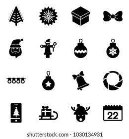Solid vector icon set - christmas tree vector, firework, gift, bow, santa claus, ball, garland, bell, wreath, mobile, sleigh, deer hat, calendar