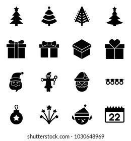 Solid vector icon set - christmas tree vector, gift, santa claus, garland, ball, firework, elf, calendar