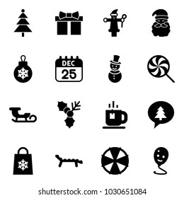 Solid vector icon set - christmas tree vector, gift, santa claus, ball, 25 dec calendar, snowman, lollipop, sleigh, holly, tea, merry message, shop bag snowflake, lounger, parasol, balloon smile