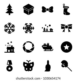 Solid vector icon set - christmas tree vector, gift, bow, sock, snowflake, landscape, house, wreath, santa sleigh, star medal, butterfly, brush, horse stick toy