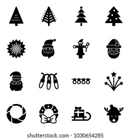 Solid vector icon set - christmas tree vector, firework, santa claus, garland, wreath, sleigh gift, deer hat