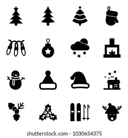 Solid vector icon set - christmas tree vector, glove, garland, ball, snowfall, fireplace, snowman, hat, house, holly, ski, deer