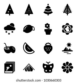 Solid vector icon set - christmas tree vector, snowfall, lemon, flower pot, gear globe, coconut cocktail, watermelone, strawberry, pyramid, photo, tent, butterfly