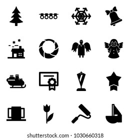 Solid vector icon set - christmas tree vector, garland, snowflake, bell, house, wreath, angel, santa sleigh, certificate, pennant, star medal, doors, tulip, paint roller, sailboat toy