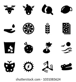 Solid vector icon set - christmas deer vector, hat, blood test, lemon, drop hand, slice, spica, breads, garbage, moon flag, palm, waves, butterfly, sun power, wind mill, crocodile