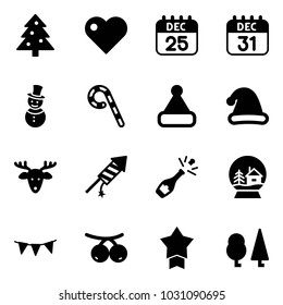 Solid vector icon set - christmas tree vector, heart, 25 dec calendar, 31, snowman, lollipop, hat, deer, firework rocket, champagne, snowball house, flag garland, rowanberry, star medal, forest