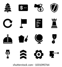 Solid vector icon set - christmas tree vector, credit card, encashment, shield, reload, flag, document, chess tower, crown, bucket scoop, globe, piston, laser, chevron, gear, lever