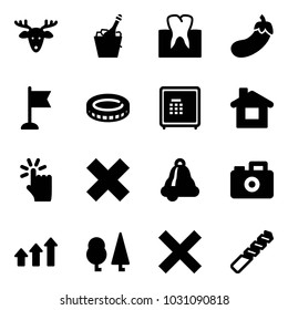 Solid vector icon set - christmas deer vector, champagne, tooth, eggplant, flag, coin, safe, home, hand touch, delete cross, bell, camera, arrows up, forest, drill