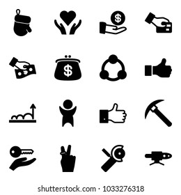 Solid vector icon set - christmas glove vector, heart care, investment, card pay, cash, purse, social, like, growth, success, finger up, rock axe, key hand, victory, Angular grinder, pipe welding