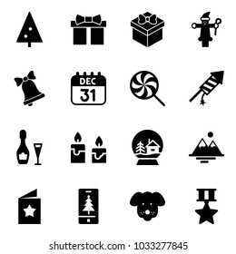 Solid vector icon set - christmas tree vector, gift, santa claus, bell, 31 dec calendar, lollipop, firework rocket, wine, candle, snowball house, mountains, star postcard, mobile, dog, medal