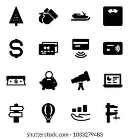 Solid vector icon set - christmas tree vector, gloves, snowmobile, floor scales, dollar sign, credit card, tap pay, cash, piggy bank, telescope, statistics monitor, signpost, air balloon, growth