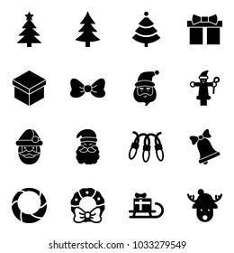 Solid vector icon set - christmas tree vector, gift, bow, santa claus, garland, bell, wreath, sleigh, deer hat