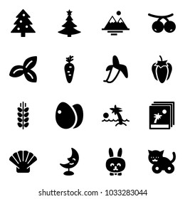 Solid vector icon set - christmas tree vector, mountains, rowanberry, three leafs, carrot, banana, sweet pepper, spica, eggs, palm, photo, shell, moon lamp, toy rabbit, cat