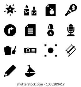 Solid vector icon set - christmas star vector, candle, diet list, money torch, only right road sign, document, medal, microphone, bucket scoop, projector, record button, bucksaw, pencil