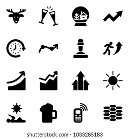 Solid vector icon set - christmas deer vector, wine glasses, snowball house, growth arrow, clock around, chart point, pawn, career, rise, arrows up, sun, reading, beer, mobile phone, carbon