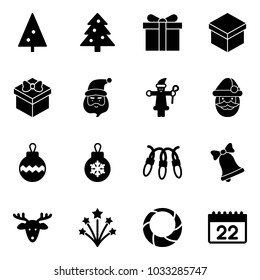 Solid vector icon set - christmas tree vector, gift, santa claus, ball, garland, bell, deer, firework, wreath, calendar