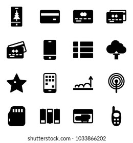 Solid vector icon set - christmas mobile vector, credit card, phone, menu, upload cloud, star, growth, antenna, micro flash, battery, generator, toy