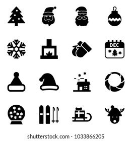Solid vector icon set - christmas tree vector, santa claus, ball, snowflake, fireplace, gloves, calendar, hat, house, wreath, snowball, ski, sleigh gift, deer