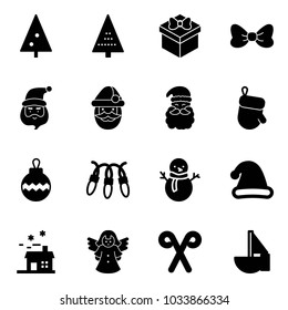 Solid vector icon set - christmas tree vector, gift, bow, santa claus, glove, ball, garland, snowman, hat, house, angel, stick, sailboat toy