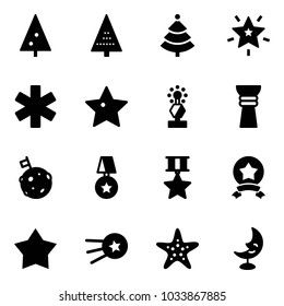 Solid vector icon set - christmas tree vector, star, ambulance, award, moon flag, medal, first satellite, starfish, lamp