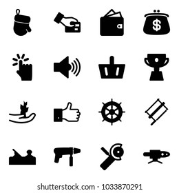 Solid vector icon set - christmas glove vector, card pay, wallet, purse, hand touch, volume max, basket, cup, sproute, finger up, wheel, bucksaw, jointer, drill machine, Angular grinder