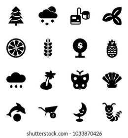 Solid vector icon set - christmas tree vector, snowfall, tonometer, three leafs, lemon slice, spica, money, pineapple, rain cloud, palm, butterfly, shell, dolphin, wheelbarrow, moon lamp