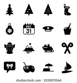 Solid vector icon set - christmas tree vector, sock, ball, 31 dec calendar, candy, champagne, angel, mountains, santa sleigh, stick, bow message, coconut cocktail, inflatable pool, windsurfing