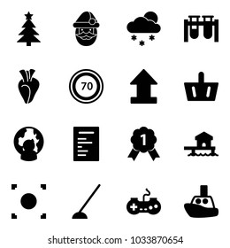 Solid vector icon set - christmas tree vector, santa claus, snowfall, vial, heart, speed limit 70 road sign, uplooad, basket, man globe, document, gold medal, bungalow, record button, hoe, gamepad