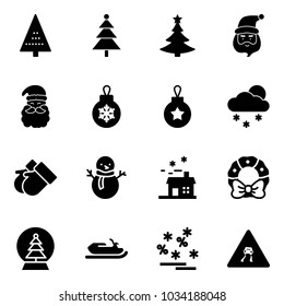 Solid vector icon set - christmas tree vector, santa claus, ball, snowfall, gloves, snowman, house, wreath, snowball, snowmobile, sale, slippery road sign