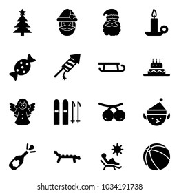 Solid vector icon set - christmas tree vector, santa claus, candle, candy, firework rocket, sleigh, cake, angel, ski, rowanberry, elf, fizz opening, lounger, beach, ball
