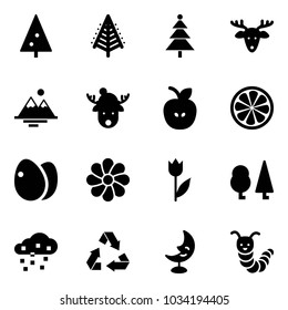 Solid vector icon set - christmas tree vector, deer, mountains, hat, apple, lemon slice, eggs, flower, tulip, forest, snow, recycling, moon lamp, toy caterpillar