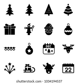 Solid vector icon set - christmas tree vector, gift, santa claus, ball, garland, calendar, deer, firework, sleigh, hat