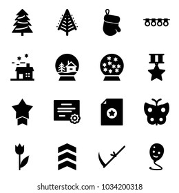Solid vector icon set - christmas tree vector, glove, garland, house, snowball, star medal, certificate, butterfly, tulip, chevron, scythe, balloon smile