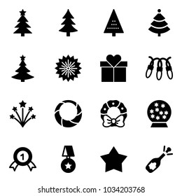 Solid vector icon set - christmas tree vector, firework, gift, garland, wreath, snowball, gold medal, star, fizz opening
