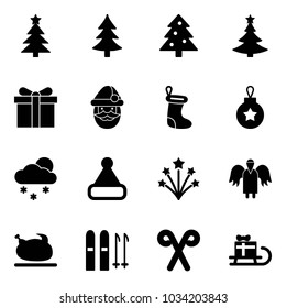 Solid vector icon set - christmas tree vector, gift, santa claus, sock, ball, snowfall, hat, firework, angel, turkey, ski, stick, sleigh