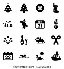 Solid vector icon set - christmas tree vector, firework, sock, landscape, bell, 31 dec calendar, snowman, wine, santa sleigh, stick, swimming, beach, toy boat