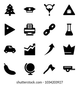 Solid vector icon set - christmas tree vector, candy, bladder, tunnel road sign, play, printer, link, flask, car, growth, crown, banana, globe, axe, trailer