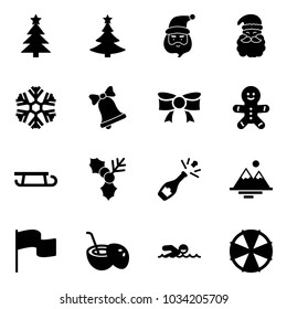 Solid vector icon set - christmas tree vector, santa claus, snowflake, bell, bow, cake man, sleigh, holly, champagne, mountains, flag, coconut cocktail, swimming, parasol