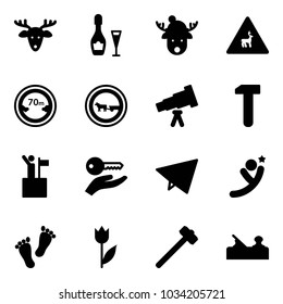 Solid vector icon set - christmas deer vector, wine, hat, wild animals road sign, limited distance, no cart horse, telescope, work, win, key hand, paper fly, flying man, feet, tulip, sledgehammer