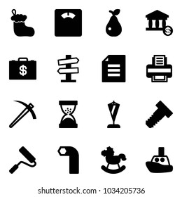 Solid vector icon set - christmas sock vector, floor scales, pear, account, money case, road signpost sign, document, printer, job, sand clock, pennant, bolt, paint roller, allen key, rocking horse