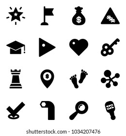 Solid vector icon set - christmas star vector, flag, money bag, multi lane traffic road sign, graduate hat, play, heart, key, chess tower, atm map pin, feet, molecule, check, allen, beanbag