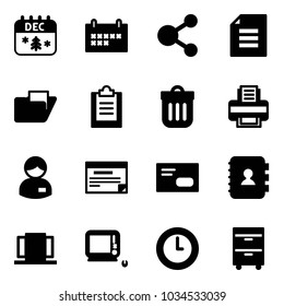 Solid vector icon set - christmas calendar vector, schedule, share, document, folder, clipboard, trash bin, printer, manager, envelope, contact book, doors, monoblock pc, clock, tool cabinet