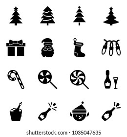 Solid vector icon set - christmas tree vector, gift, santa claus, sock, garland, lollipop, wine, champagne, elf, fizz opening