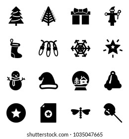 Solid vector icon set - christmas tree vector, gift, santa claus, sock, garland, snowflake, star, snowman, hat, snowball house, bell, medal, certificate, dragonfly, horse stick toy