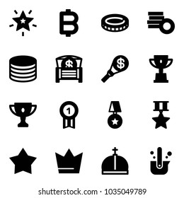 Solid vector icon set - christmas star vector, bitcoin, coin, money chest, torch, win cup, gold, medal, crown, casting of steel